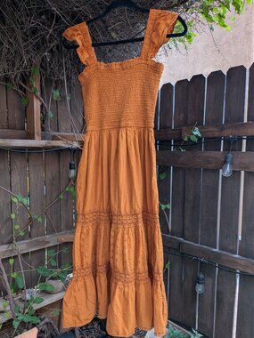 Shirred Eyelet Boho Summer Maxi Dress Sz M